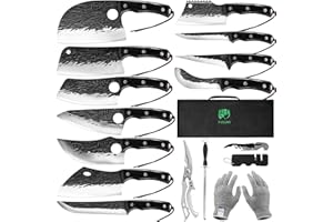 FULLHI Couteau de boucher à désosser, lame flexible, set de couteaux à manche en bois avec étui, sac à couteaux, cisaille (Noir, 17 pièces)