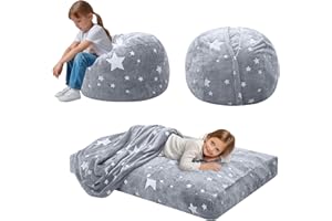 MeMoreCool Kids Bean Bag Chair Turn into Beanbag Bed, Toddler Beanbag Sofa for Girl Boy Reading, Lazy Children Couch with Filling, Convertible Child Floor Mattress, 75 x 75 x 47cm, Gray Star