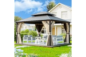 UDPATIO 3.65 x 4.25 m Gartenpavillon Wasserdicht Stabil Winterfest Hardtop Pavillon, Verzinkter Stahl Doppeldach Aluminium Pavillon mit Moskitonetz und Vorhänge für Garten, Terrasse, Rasen, Beige