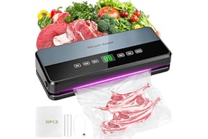 comeder 8 in 1 Food Vacuum Sealer Machine, 65 Kpa 30mm Longer Seal Food Sealer with 30Pcs Bags & Bag Storage, Vac Pack Machine for Dry and Moist Food Fresh Preservation, Built-in Cutter