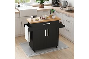 ‎GIANTEX GIANTEX Küchenwagen mit Arbeitsplatte, Küchenschrank mit Rollen, bewegliche Kücheninsel Holz, Servierwagen Küchenrollwagen Rollwagen mit Schublade, Küchentrolley 111 x 40 x 90 cm, Schwarz