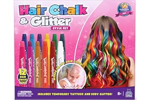 Purple Ladybug 12 Tizas para el Pelo para Niñas - Set Tatuajes Temporales y Purpurina Corporal - Tinte de Pelo Temporal para Niños y Adolescentes – Fácil Aplicar y Lavar – Ideal Disfraces Halloween