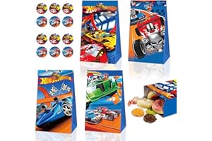 Whels Geschenktüten Hot- 12Pcs Autos Papiertüten 12 Aufkleber Sticker Kinder Rennauto Party Geschenktüte Mitgebsel Kindergeburtstag Candy Bar Süßigkeiten Tüten Geschenken Giveaways Party Bag Supplies