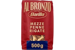 Barilla Pasta Al Bronzo Mezze Penne Rigate 100% Grano Italiano, Pasta Trafilata Al Bronzo con Lavorazione al Bronzo Grezzo, Formato Spesso e Corposo, Alta Tenuta di Sugo e Cottura, 500 g