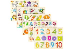 WISPLYE 5 Puzzles en Bois à Bouton, Jouet Éducatif Montessori Puzzle en Bois À Encastrement Puzzle de Animaux Nombres Alphabet Véhicules, Cadeau pour Bébés Garçons, Filles Tout-Petits 1 2 3 4 Ans