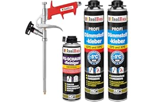 Isolbau B2 Dämmstoffkleber SET - 2 x 750 ml Perimeterkleber, 1 x PU-Schaum-Reiniger & 1x Schaumpistole für EPS & XPS-Platten - 1K PU-Klebeschaum für Fixieren und Isolieren