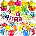 Recosis Multicolor Birthday Decorations, Happy Birthday Banner Paper Pompoms Confetti Balloons Hanging Garland Swirl Streamers for Boys and Gilrs Birthday Decor Party Decorations