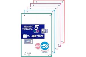 Oxford, Hojas Cuadriculadas A4 Perforadas, Recambio Archivador, Cuadrícula 5x5, 4 Taladros, 5 Colores de Banda Pastel, 250 Hojas