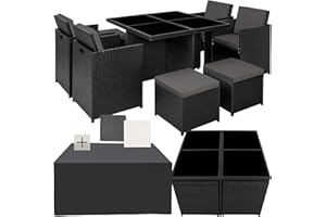 TecTake® Salon de Jardin Extérieur 8 Places - 4 Chaises Confortables, 4 Tabourets, Table en Poly Rotin - Mobilier pour Aménagement Balcon Terrasse - Noir
