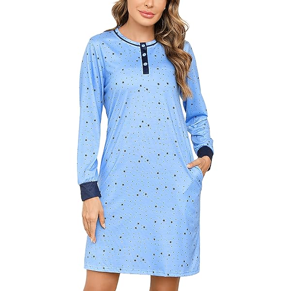 Wikoan Chemise De Nuit Femme Hiver Pyjama à Manches Longues Couleur Unie Vêtements Robe De Nuit Longue Femmes Grande Taille Avec Poches Bleu Ciel S