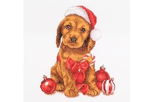 THEA GOUVERNEUR SINCE 1959 Thea Gouverneur - Counted Cross Stitch Kit - Christmas Puppy - Aida - 16 Count - Embroidery Kit for Adults - DMC Embroidery Threads and Other Cross Stitch Supplies Included - 730A