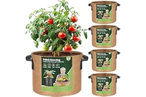 T4U 5-Pack 10 Gallon Fabric Plant Grow Bags, Heavy Duty Smart Growing Bag with Handle, Thickened Breathable Nonwoven Growbag Planter Container for Potato Tomato Chili Strawberry Vegetable Seed Outdoor