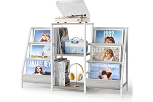 Bikoney Mueble para Tocadiscos con Almacenamiento – Soporte para Tocadiscos con Estante para 280 Vinilos, Consola Multimedia con Estante para CD, Vinilos y Equipo de Audio (Blanco)