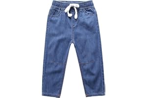 FEOYA Kids Girls Boys Denim Pants Elastic Waist Casual Jeans Baggy Lightweight Blue Trousers Soft Cotton Cargo Joggers with Pockets for 3-13 Years