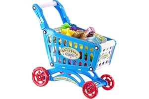 The Magic Toy Shop Kids Shopping Trolley Toy with Accessories - Blue, Pretend Play Food, Grocery Cart, Role Play Fun - Child's Shopping Trolley for Toddlers, Supermarket Toys for Learning