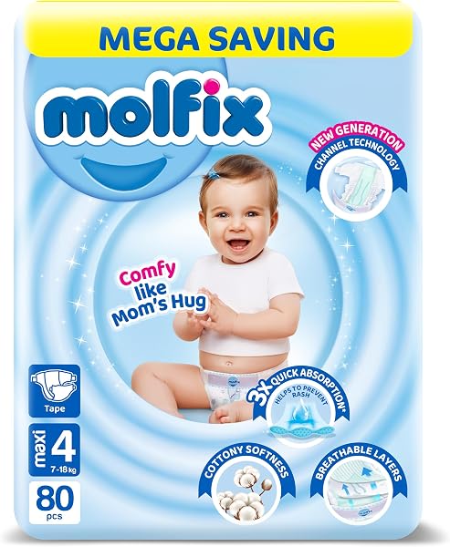 Molfix Baby Diaper Open Size 4, Mega Pack, 7-18 KG, 80 Units, Molfix Open Diapers, Size 4, 7-18KG, Mega Pack, 80 Count,
