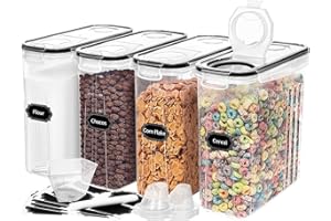 Skroam 4 contenitori per cereali [4L/130 once], contenitori ermetici per alimenti con beccuccio, per organizzare la cucina e la dispensa, dispenser di cereali in plastica, misurini e 20 etichette