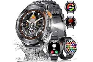 ESFOE Orologio Smartwatch Uomo con Torcia LED,1,43'' AMOLED Militari Smart Watch con impermeabile 5ATM,530 mAh Fitness Tracker Contapassi 120+ Modalità Sport robusto orologio con Chiamate(3 cinturini)