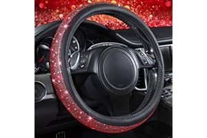 CAR PASS Bling Diamond Leather Steering Wheel Cover, with Crystal Rhinestones Sparkly Glitter, Universal Fit 36.8-38.1cm Car Wheel Protect for Women Girl Fit Suvs,Vans,Sedans,Cars,Trucks(Red)