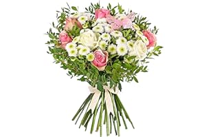 PRESTIGEFLOWERS Rose Meadows Bouquet – Luxury Fresh Flowers Featuring Memory Lane, White Avalanche and Belle Roses with Santini Chrysanthemums – Elegant Handcrafted Arrangement for Birthday or Celebration