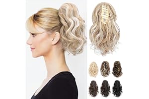 REECHO Ponytail Extension, Haarklammer in Pferdeschwanzverlängerung kurzer lockiger Pferdeschwanz Haarverlängerungen natürlich gewelltes Pferdeschwanz Haarteil für Frauen – Aschblond mit Highlights