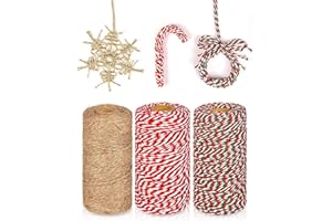 KAHEIGN 3 Pièces Noël Cordes De Jute Et Ficelle De Coton Rouleaux, 984 Pieds Rouge Blanc Vert Ficelle De Coton Ficelle De Jute Corde De Corde d'emballage pour Noël Bricolage Artisanat Cadeaux