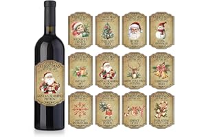 URROMA 48 Etichette per Bottiglie di Vino Merry Christmas, 12 Disegni Vintage Adesivi per Bottiglie di Vino di Natale, Involucri per Bevande per bomboniere Forniture Decorative