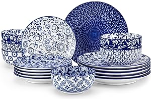 vancasso Selene Dinner Sets for 6 People, 18 Pieces Vintage Blue Porcelain Plates and Bowls Set Kitchen Crockery Set Dinnerware Sets, Mircowave and Dishwasher Safe Dishes Set