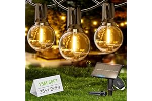 Yuusei Catena Luminosa Esterno Solare IP65, 15 m/50 ft, G40 IP45 Energia Solare da Giardino Con 25+1 Lampadine a Led Infrangibili, Impermeabili Da, Per Patio, Cortile, Bistrot
