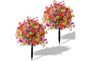 YXYQR Set of 2 Artificial Boxwood Topiary Ball with Artificial Flowers for with Ground Spikes, UV Resistant Faux Greenery for Garden Front Porch Pathway Patio Yard (Colored)