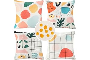 CHEEKYWARES Juego de 4 fundas de cojín con hojas abstractas 40 x 40 cm coloridas impermeables de lino Morand Fundas de Almohada con cremallera oculta para exteriores patio jardín sala de estar sofá granja