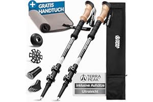 ‎TERRA PEAK Terra Peak® Premium Wanderstöcke Teleskop ultra-leicht, ausziehbar aus Carbon o. Aluminium INKL. Mikrofaser-Handtuch - Damen & Herren Trekkingstöcke & Nordic Walking Stöcke mit Gummipuffer verstellbar