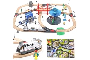 Wdmiya Treni in Legno per Bambini, Pista Treno in Legno di 113 Pezzi, Pista Macchinine Giochi per bambini, Treno Elettrico con Mappa, Elicottero e Panorama Urbano, Regalo per Bambini 3 4 5 6 Anni