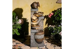 Bumilgar 108CM Outdoor Cascading Pots Water Features- 5 Tiered Jar Garden Water Fountain Rustic Stone-Look Polyresin Freestanding Indoor Waterfall for Patio Porch Backyard and Home Decor, Brown