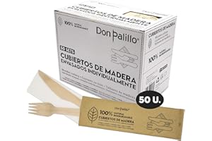 DON PALILLO- 50 Sets de cubiertos de madera desechable enfundados en papel kraft. Cada set contiene 1 tenedor + 1 cuchillo + 1 servilleta de papel