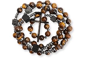 Nazareth Store Męski naszyjnik różaniec czarny onyks lub tygrysie oko koraliki z czarnym krzyżem ze stopu, katolicka chrześcijańska biżuteria religijna, prezent dla niego