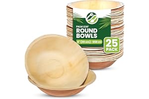ECO LEAF PRODUCTS ECO Leaf 25 Disposable Palm Leaf Bowls, 8" (20cm), 650ml (22oz) Round – Compostable, Biodegradable, Eco-Friendly Bamboo Bowls for Salad, Weddings, Parties and Picnics, Microwave Safe