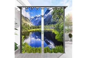 ANHOPE Rideaux D'extérieur Imperméable Rideau Extérieur avec Oeillet Rideaux Imprime Nature Paysage Neige Montagne Lac Rideau pour Pergola Terrasse Jardin Balcon 132L X 214H cm (2 Panneaux)