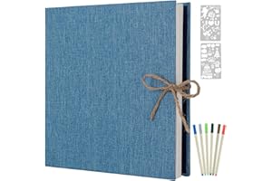 AIOR Album Photo Adhésif Scrapbooking, Lin Traditionnel Scrapbook 60 Pages Blanche, Cadeau Maitre d'école Homme Femme Cadeau Anniversaire Mariage, 33x32cm (Bleu)