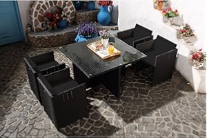 CONCEPT USINE | Salon de Jardin Encastrable Résine Tressée 4 Personnes | Miami | Résine Noir Coussins Noir | Table Plateau de Verre Amovible + 4 Fauteuils | Coussins Déhoussables | Résiste à l'eau