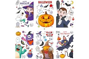 Homcoice Pegatinas Ventana Halloween 6 Hoja lindo dibujo animado de Halloween Ventana Clings capítulo bruja calabaza cráneo Pegatinas electrostáticas para decoraciones de Halloween de interior