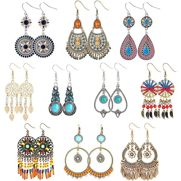 3 paia di orecchini pendenti etnici vintage boho fatti a mano