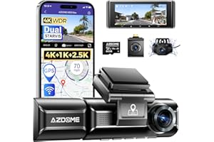 AZDOME 4K Dashcam Voiture, 4K+1080P+2.5K Triple Camera Avant Arrière Intérieur, WiFi GPS, 3,19" Dashcam avec Carte SD 64G, Vision Nocturne, WDR, G-Capteur, Mode Stationnement, Enregistrement en Boucle