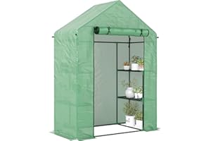 Outsunny Walk In Greenhouse with Shelves, Portable Gardening Plant Grow House for Outdoor with 2 Tier Shelf, Roll-Up Zippered Door, PE Cover, 141 x 72 x 191cm, Green