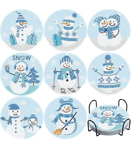 Kit 8 Sottobicchieri Diamond Painting Natalizi – Fai Da Te Con Motivi Di Babbo Natale, Pinguino E Regno Di Ghiaccio