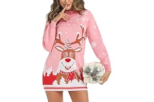Nieery Womens Christmas Jumpers Women's Jumper Dress Loose Fit Knitted Long Sweater Xmas Jumper Top Knitwear Ladies Reindeer Jumper Merry Christmas Novelty Pullover
