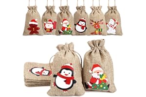 VEYLIN Christmas Hessian Bags, 12 Xmas Burlap Jute Gift Bag with Drawstring for Holiday Party Decoration