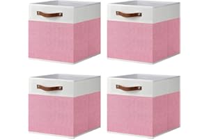 ArcaGuru Storage Cube Bins, Foldable Fabric Organizer Bins Storage Cubes Baskets Box Drawers for Shelves, Closet, Wardrobe, Bookshelf, 33 x 33 x 33cm, 4 Pack, White/Pink