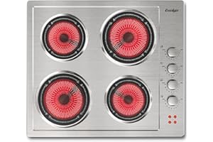 Kochplatte 4 Platten Drehknopf, Glaskeramik Kochplatte mit Infrarot-Wärme, Einbau Kochfeld Edelstahl, 59CM, Kochfeld Autark, Kochfeld 4 Platten, Kein Stecker, Cooksir