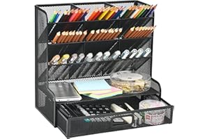 Marbrasse Siatkowy Organizer na Biurko,Wielofunkcyjny Uchwyt na DłUgopisy,Organizer na Biurko,Uchwyt Przechowywania Szkoły,Domu,Biura,Art (Czarny z szufladą)